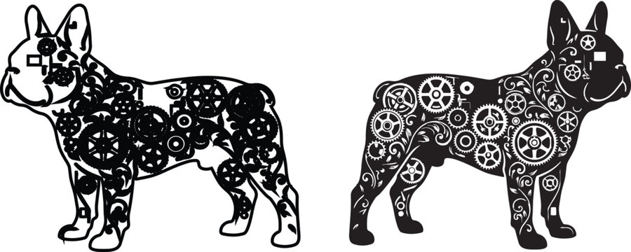 Steampunk Bulldog Silhouette with Mechanical Gears Decorative Vector Illustration Design