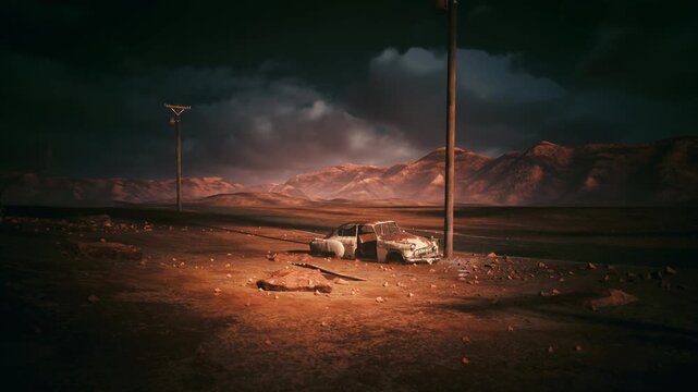 desert spotlight revealing central rubble and pole with broken crate and scattered stones on cracked earth, amber glow contrasts with heavy clouds and distant