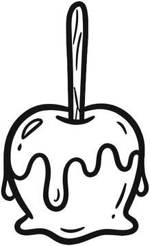 Caramel candy apple on a stick hand drawn black and white line art illustration
