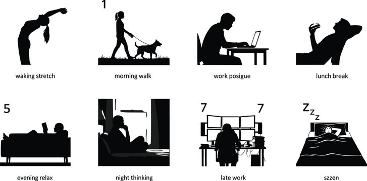 Daily routine silhouettes set with people working sleeping stretching walking dog and relaxing vector icons