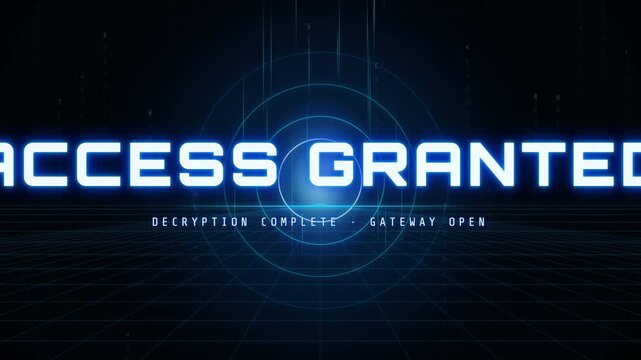 Hacker decryption access granted visual with a central neon blue waveform pulsating aggressively and exploding into digital confetti and sharp triangles.