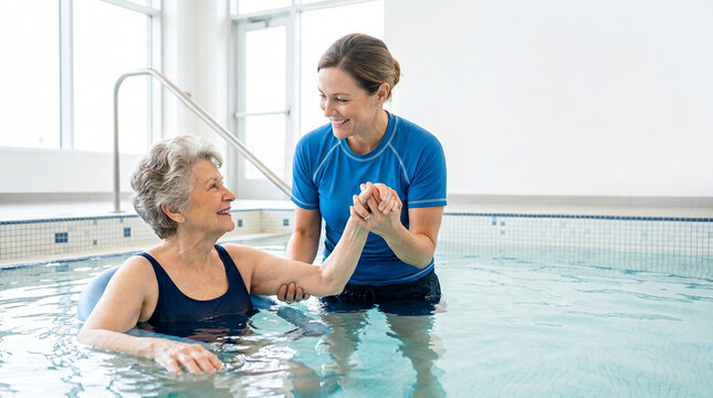 Trainer helping senior woman exercise in pool, healthy aging and aquatic therapy concept
