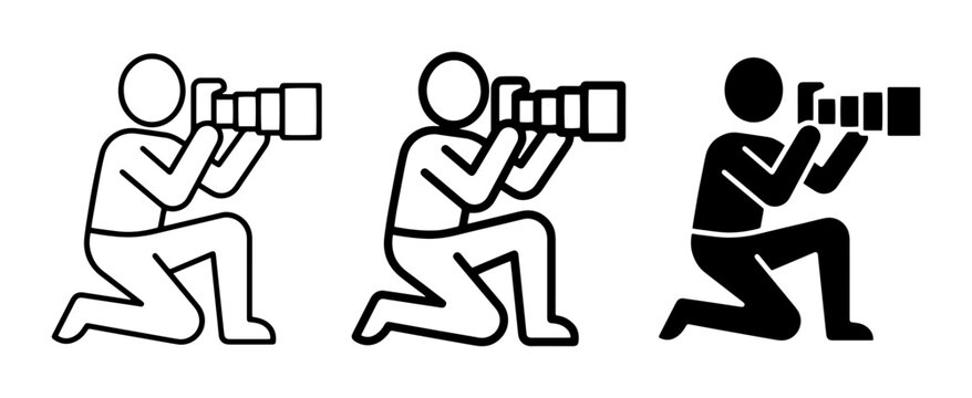 Photographer kneeling icon set camera lens, UI and web interface design