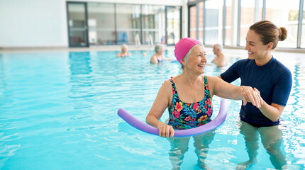 Naklejka premium Trainer helping senior woman exercise in pool, healthy aging concept