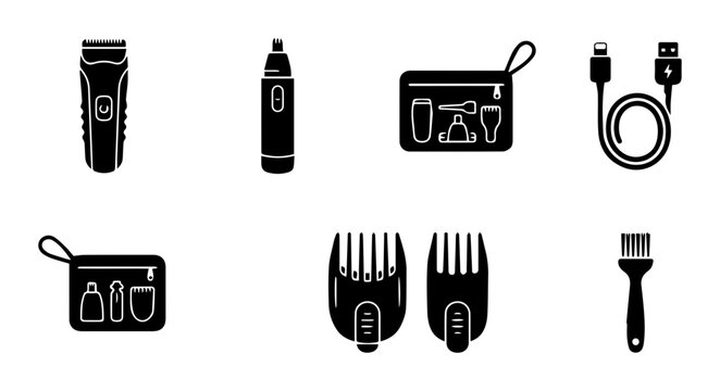Grooming tools linear icon set beard trimmer nose trimmer toiletry bags charging cable combs brush, UI web interface design