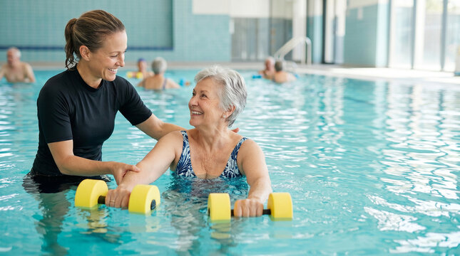 Trainer helping senior woman exercise in pool, healthy aging concept
