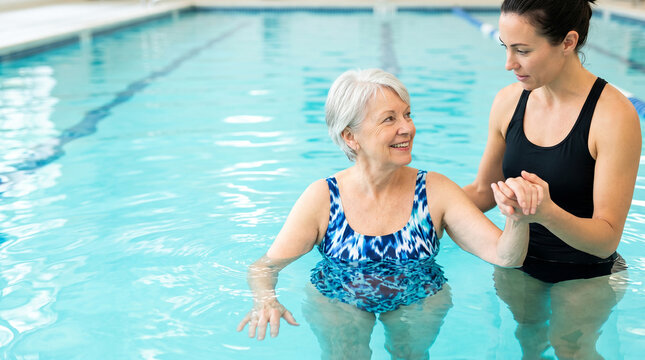 Trainer helping senior woman exercise in pool, healthy aging concept