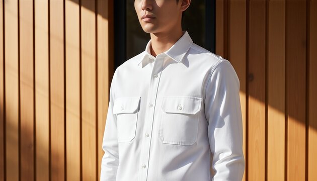East Asian man wearing blank white button up utility shirt standing on a modern wooden deck