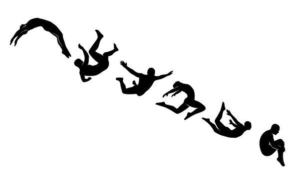Falling male silhouette figures vector set with dynamic men in motion and graceful mid air jumping poses