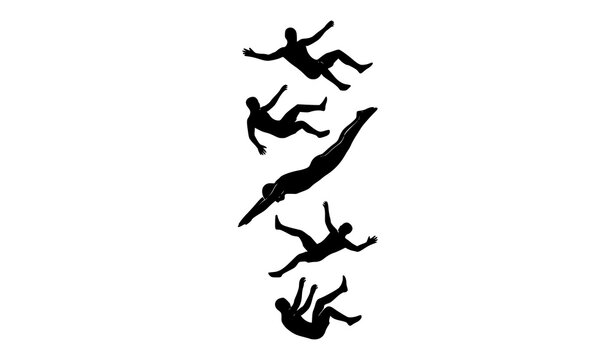 Black silhouette vector set of athletic men falling head first in dramatic high contrast poses