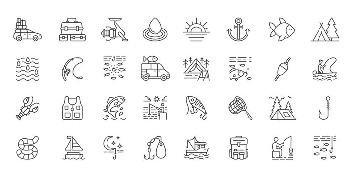 Fishing Outdoor icons in line design. fishing, outdoor, nature, angling, lake, boat, recreation on white background vector. Fishing Outdoor editable stroke icon