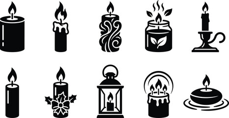 Naklejka premium Decorative Candle Black Glyph Icons Set Featuring Aromatherapy Scented Candles Lanterns and Relaxation Symbols