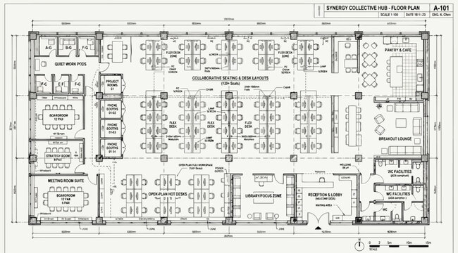 Detailed architectural floor plan for a collaborative office workspace