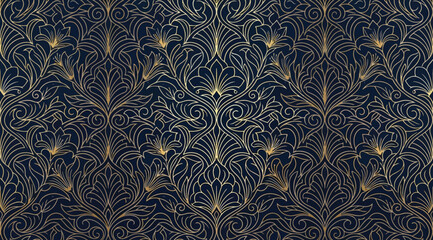 Seamless pattern with golden floral damask ornament on a dark navy blue background © Saharia
