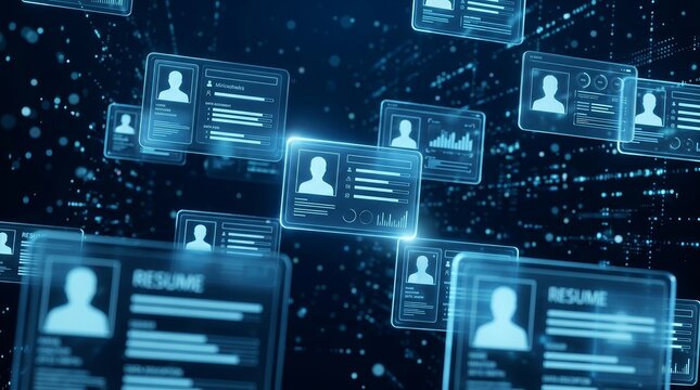 Digital recruitment and resume screening within a futuristic virtual environment.