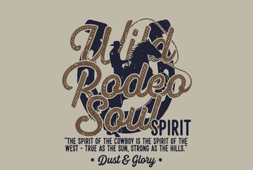 Obraz premium Wild Rodeo Spirit Graphic: A vintage-style graphic design features a cowboy on a bucking horse within a horseshoe, embodying the adventurous spirit of the West.