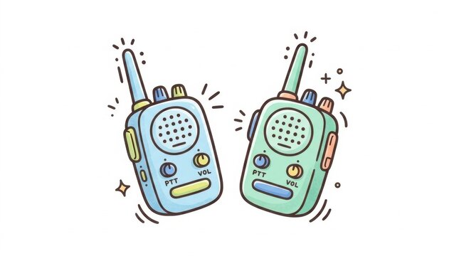 Pair of blue and green cartoon walkie talkies for communication