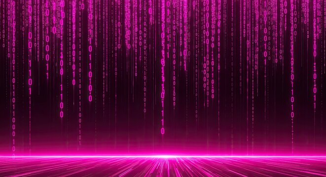 Abstract pink digital rain falling on a glowing cyber grid floor. Futuristic technology, data stream, coding background.