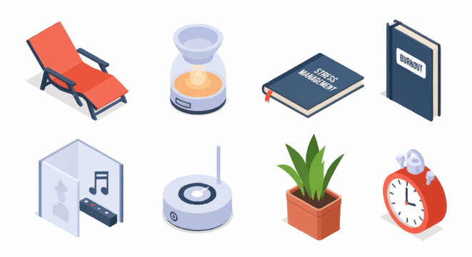 Collection of isometric objects for home and leisure.