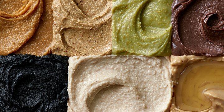 Nut Butter Spread Tile Grid Peanut Almond Pistachio Dark Chocolate Black Sesame Tahini Macro Horizontal