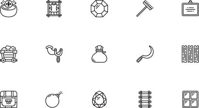 Dungeon Crawler and Mining Crafting Line Art Icon Set Featuring Swords, TNT Explosives, Brick Walls, Levers, and Blacksmith Anvils for Fantasy Action RPG Level Design and Game UI