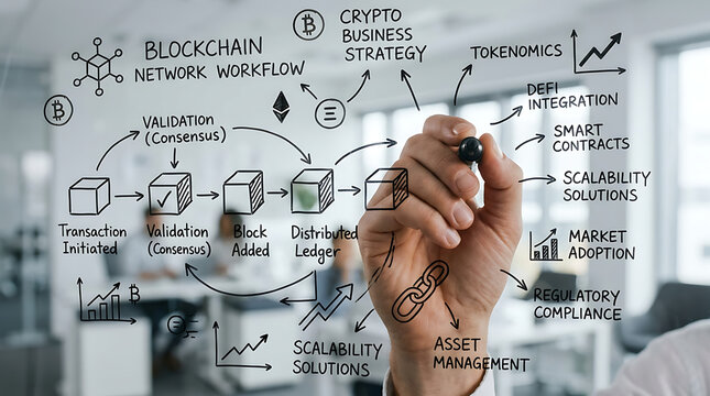 Hand drawing a comprehensive blockchain network workflow and crypto business strategy on a transparent board.