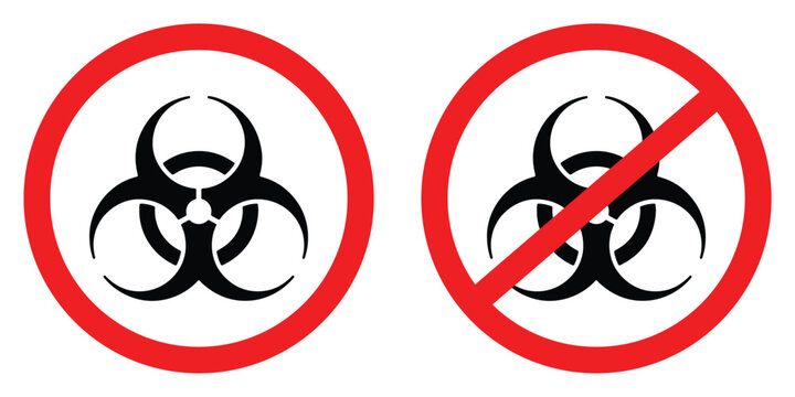 Biohazard Symbol in Red Circle and Crossed Out Circle Vector Icon Set