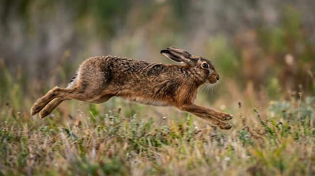 European hare leaping through meadow grassland wildlife in motion