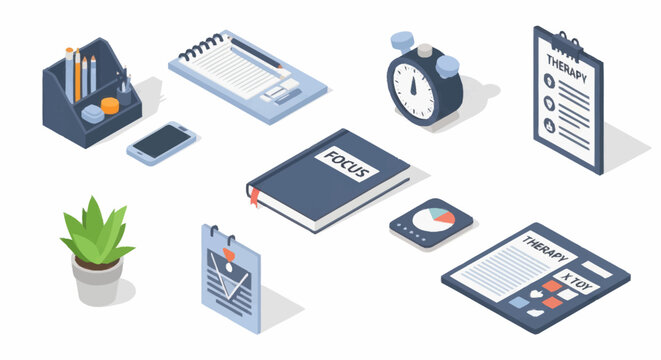 Isometric office supplies and stationery items arrangement.