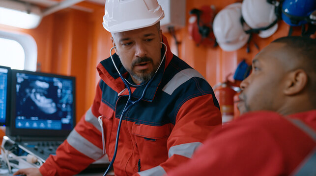 Offshore oil platform medic conducting point-of-care cardiac ultrasound on seated roughneck worker inside industrial first aid station, monitors glowing against steel bulkheads, safety helmets and e