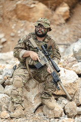 Naklejka premium Military special forces soldier team in combat operation, tactical military portrait in action