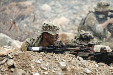 Naklejka premium US Marine, Military Special forces soldier under heavy enemy fire intense battlefield engagement