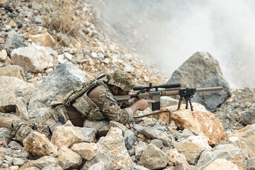 Naklejka premium US Marine, Military Special forces soldier under heavy enemy fire intense battlefield engagement