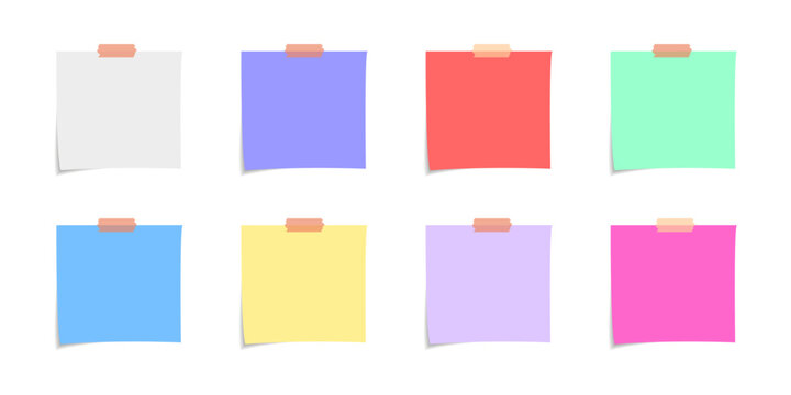 Colorful sticky note with duct tape, post it note paper, memo reminder, Blank Office Reminder. Sticky paper note with clipping path isolated on transparent background. Vector illustration