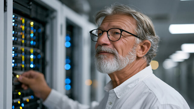 Senior data center technician replacing failed server blade in climate-controlled colocation facility, rows of rack-mounted equipment with blinking indicator lights extending deep into background, p