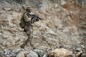 Naklejka premium Military special forces soldier team in combat operation, tactical military portrait in action