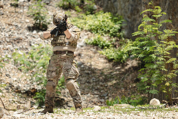 Naklejka premium US Special forces soldiers engaged in combat operation, tactical military team in action