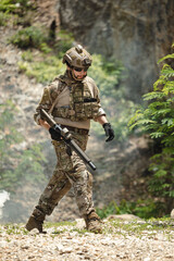 Naklejka premium Military special forces soldier team in combat operation, tactical military portrait in action