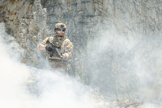 US Special forces soldiers engaged in combat operation, tactical military team in action