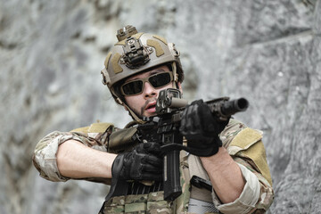Naklejka premium Military special forces soldier team in combat operation, tactical military portrait in action