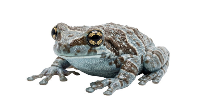 Gray and brown textured tree frog with large golden eyes resting on transparent background isolated macro portrait for zoology education wildlife conservation and nature design projects
