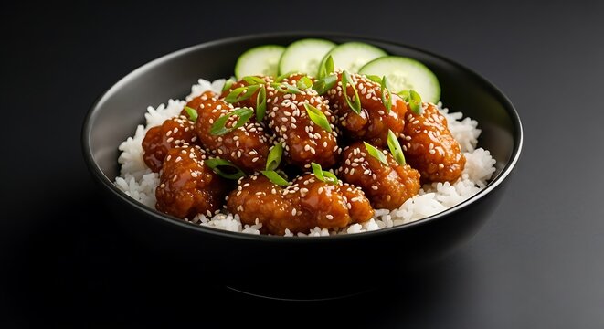 Close-up of saucy chicken pieces with sesame seeds, green onions, and cucumber on rice in a bowl