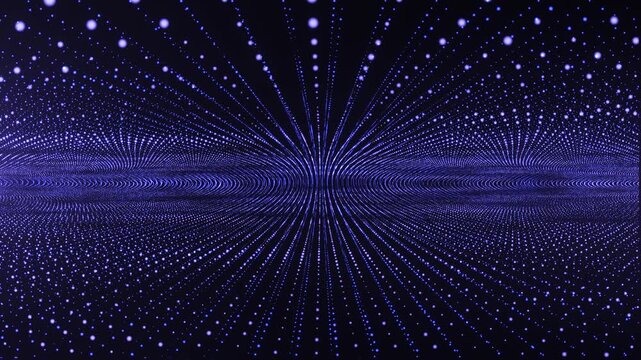 Futuristic blue particle grid expands into a luminous digital landscape, visualizing data flow, connectivity, and advanced technology.