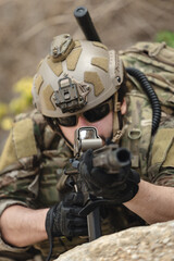 Fototapeta premium US Army military, Special forces soldier engaged in combat operation, tactical military in action