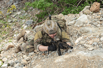 Fototapeta premium US Army military, Special forces soldier engaged in combat operation, tactical military in action