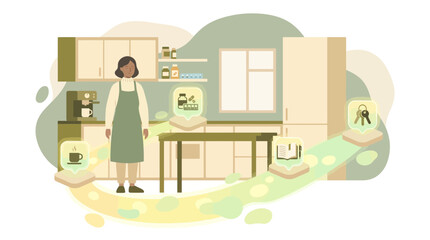 Naklejka premium Woman Planning Daily Routine with Icons in Kitchen Illustration