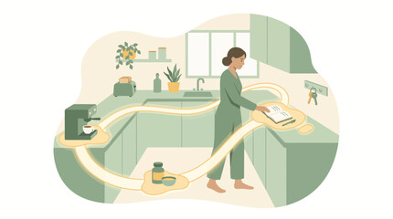 Fototapeta premium Woman following morning habit routine path in kitchen illustration