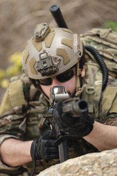 US Army military, Special forces soldier engaged in combat operation, tactical military in action