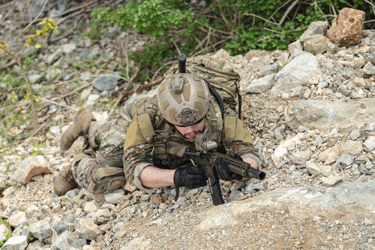 US Army military, Special forces soldier engaged in combat operation, tactical military in action