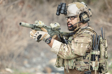 Fototapeta premium Military special forces soldier team in combat operation, tactical military portrait in action